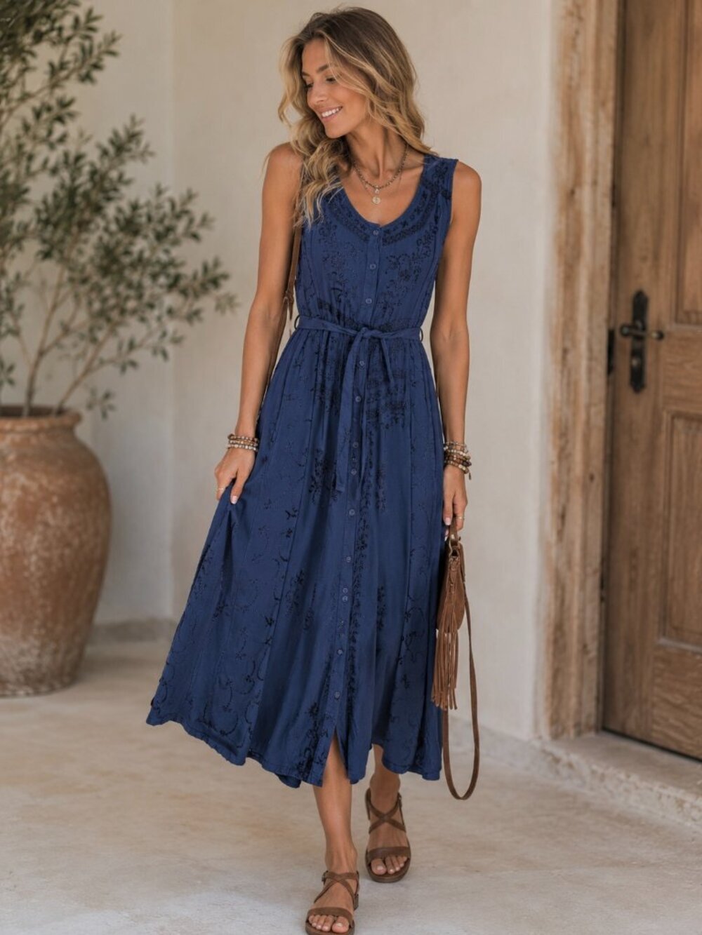 Blue Embroidered Midi Dress XL Boho Cottagecore Coastal Classic